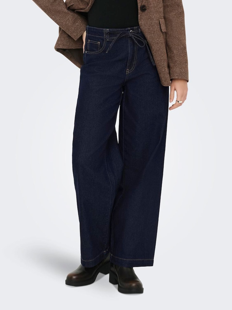 ONLY Blue High Waist Wide Leg Jeans in Rinse Wash With Tie Waist - Image 2 of 6 ONLY Blue High Waist Wide Leg Jeans in Rinse Wash With Tie Waist - Image 2 of 6