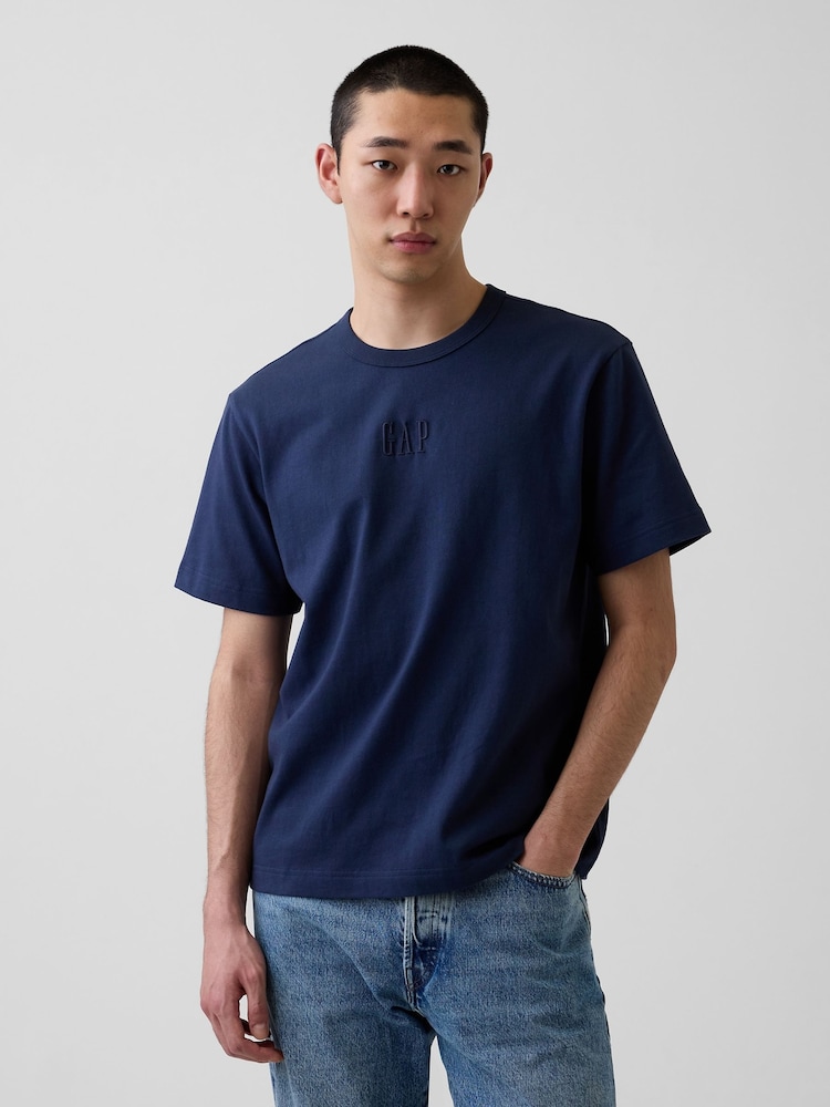 Gap Navy Heavyweight Relaxed Logo Short Sleeve T-Shirt - Image 1 of 4 Gap Navy Heavyweight Relaxed Logo Short Sleeve T-Shirt - Image 1 of 4