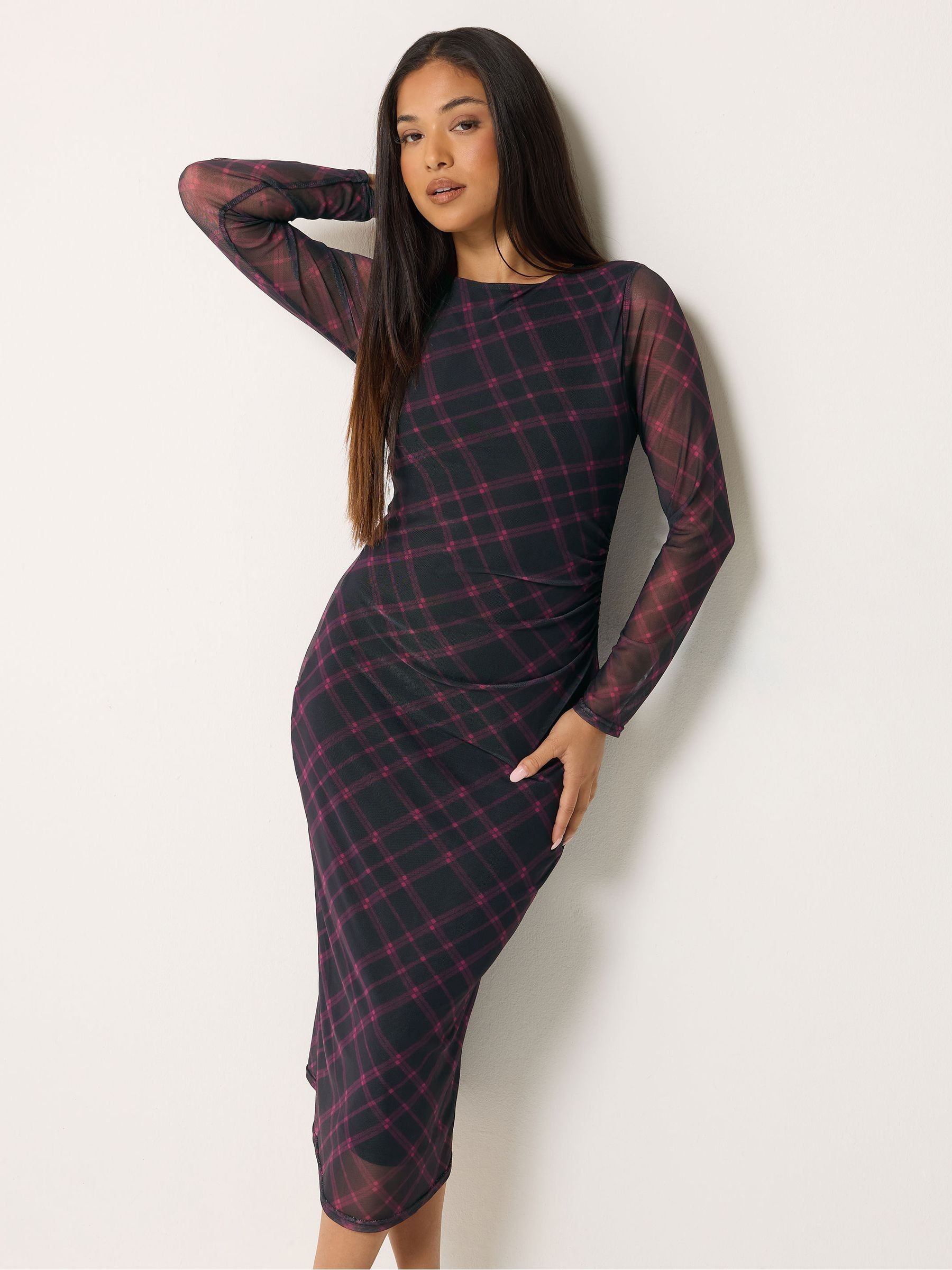 M & Co Women's Purple Petite Check Mesh Long Sleeve Dress