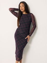 M&Co Purple Petite Check Mesh Long Sleeve Dress - Image 1 of 7