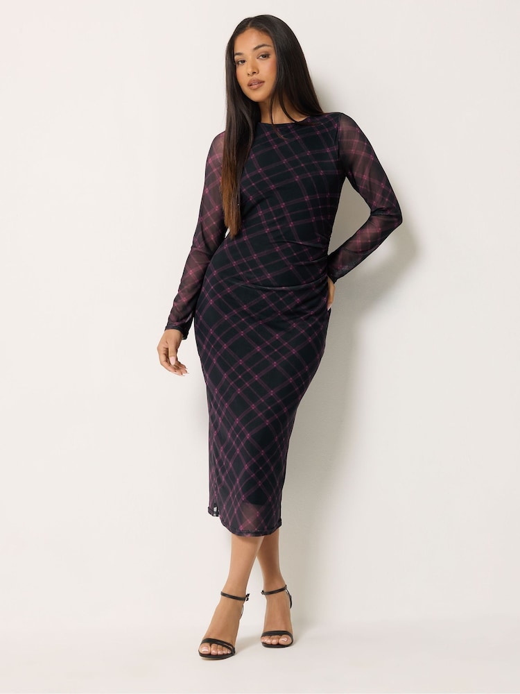 M&Co Purple Petite Check Mesh Long Sleeve Dress - Image 2 of 7 M&Co Purple Petite Check Mesh Long Sleeve Dress - Image 2 of 7