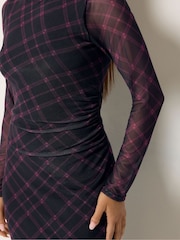 M&Co Purple Petite Check Mesh Long Sleeve Dress - Image 4 of 7