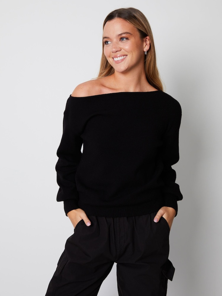 Threadbare Black Slash Neck Knitted Jumper - Image 1 of 5