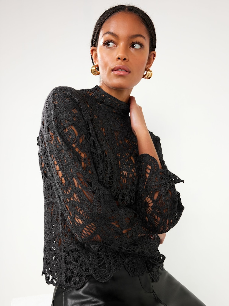 Charcoal Grey Crochet Knitted High Neck Jumper - Image 1 of 6