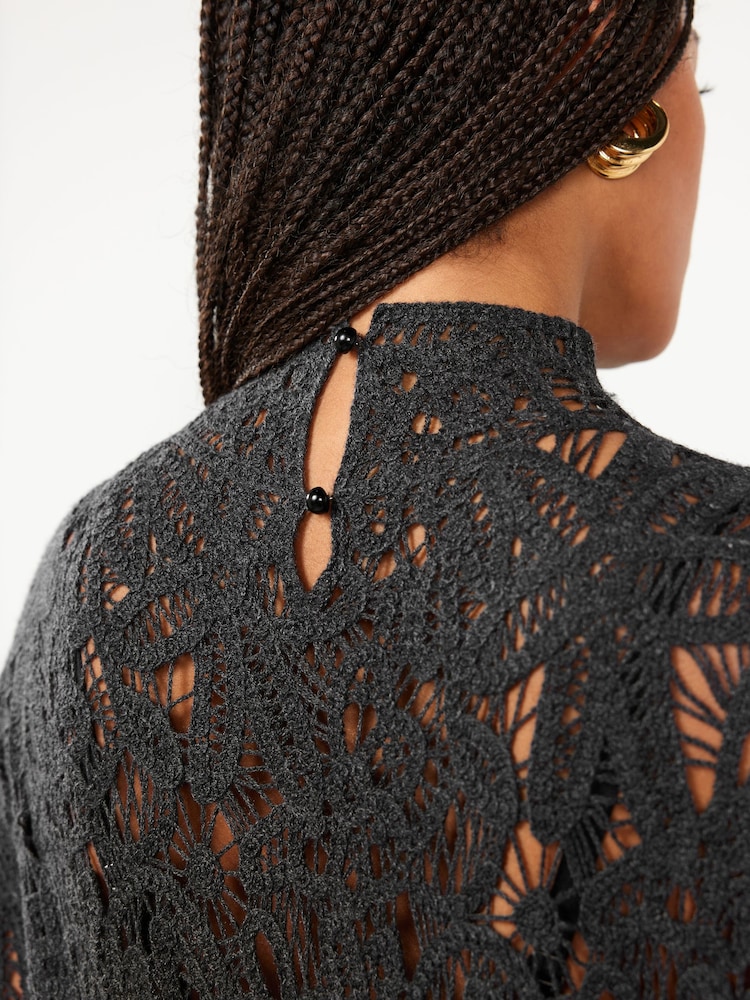 Charcoal Grey Crochet Knitted High Neck Jumper - Image 4 of 6