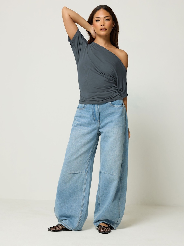 PixieGirl Petite Grey Slash Neck Short Sleeve Top - Image 2 of 6 PixieGirl Petite Grey Slash Neck Short Sleeve Top - Image 2 of 6