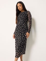 M&Co Black Petite Spot Mesh Twist Long Sleeve Dress - Image 1 of 7