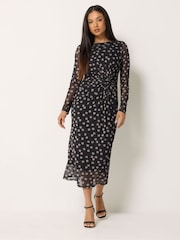 M&Co Black Petite Spot Mesh Twist Long Sleeve Dress - Image 2 of 7