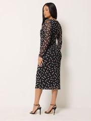 M&Co Black Petite Spot Mesh Twist Long Sleeve Dress - Image 3 of 7