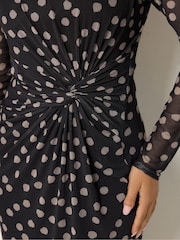 M&Co Black Petite Spot Mesh Twist Long Sleeve Dress - Image 4 of 7