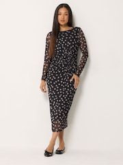 M&Co Black Petite Spot Mesh Twist Long Sleeve Dress - Image 5 of 7