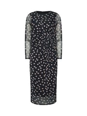 M&Co Black Petite Spot Mesh Twist Long Sleeve Dress - Image 6 of 7