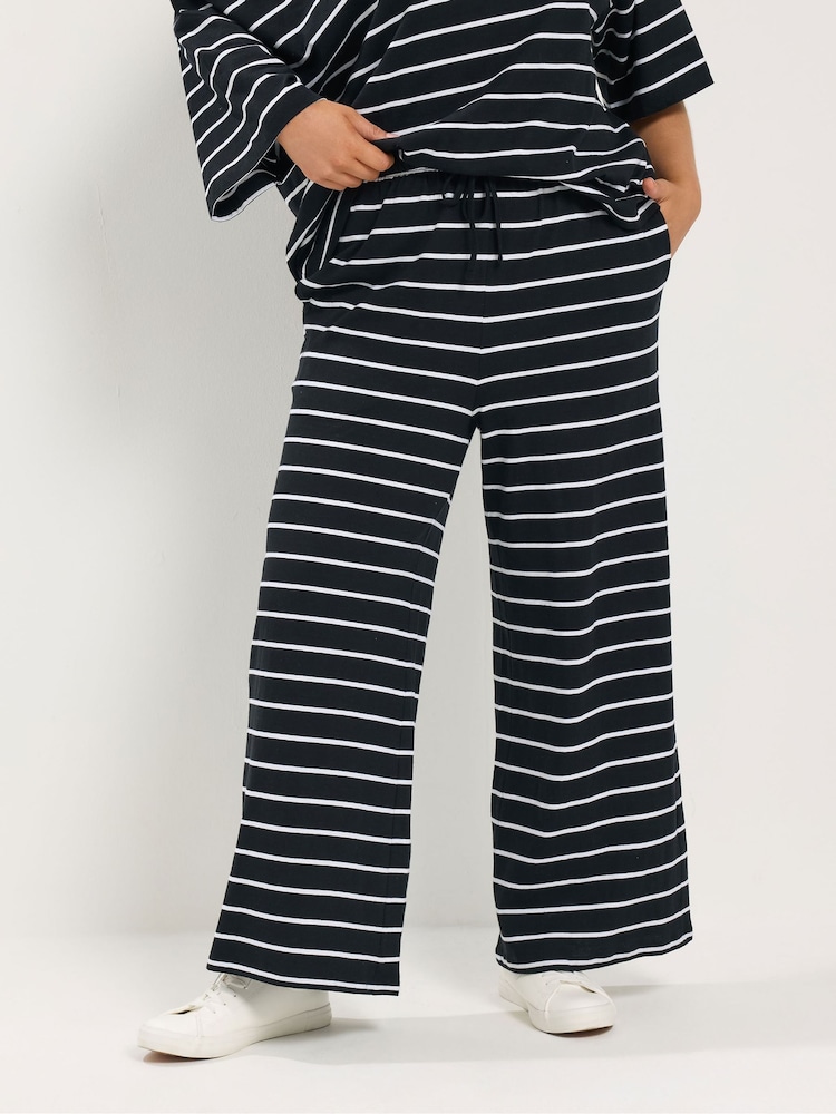 Yours Curve Black Wide Leg Monostripe Trousers - Image 1 of 6