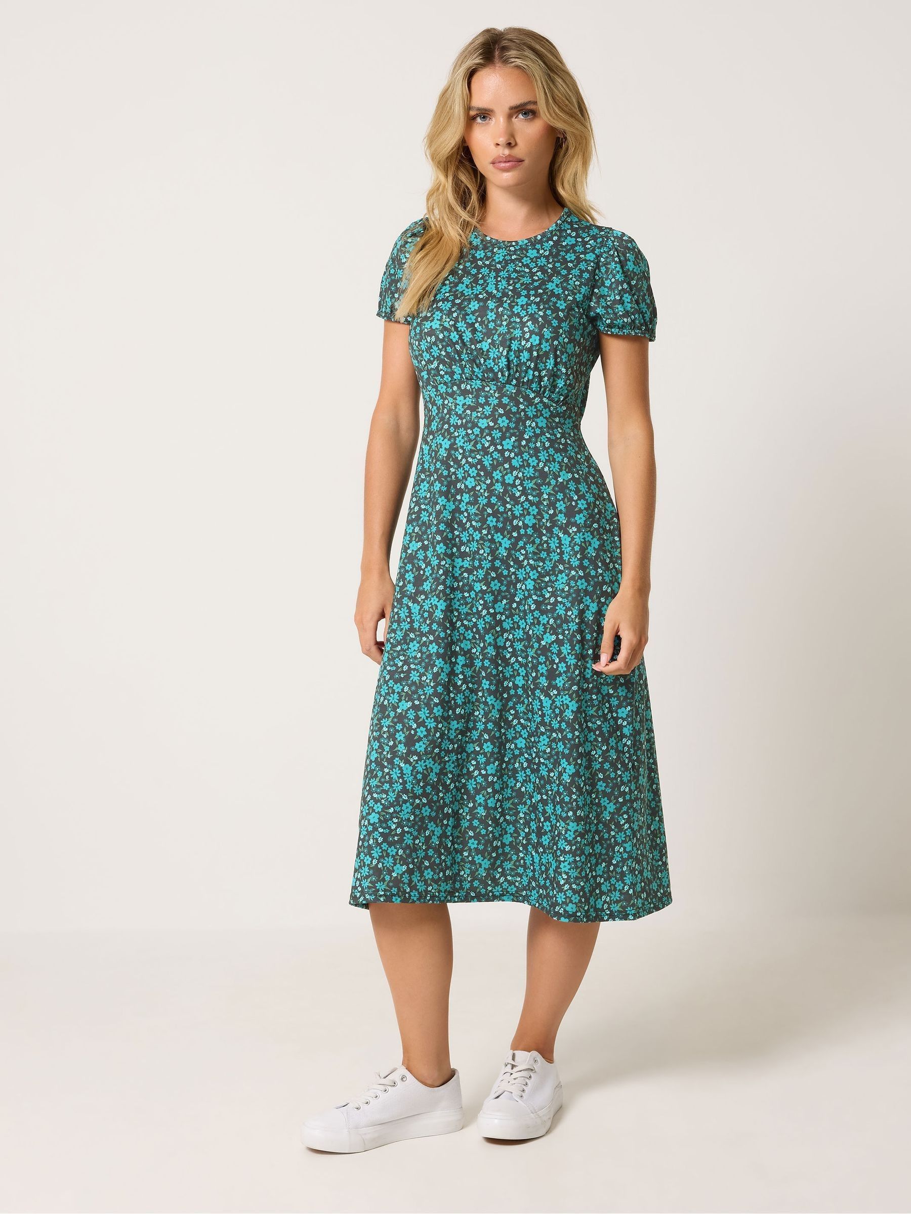 M & Co Women's Green Petite Short Sleeve Print Midi Dress
