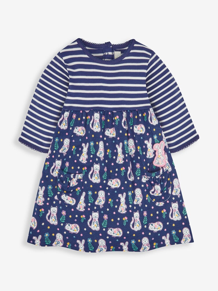 JoJo Maman Bébé Navy Animals Floral With Pet In Pocket Combo Dress - Image 1 of 4
