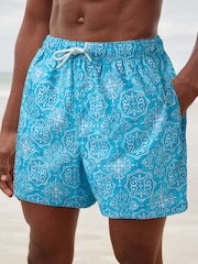Turquoise Blue/White Mediterranean Tile Printed Swim Shorts - Image 1 of 12