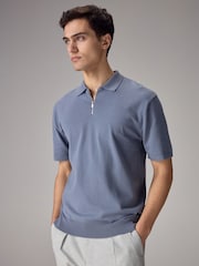 Blue Knitted Regular Fit Zip Polo Shirt - Image 1 of 7