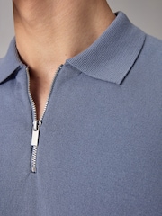 Blue Knitted Regular Fit Zip Polo Shirt - Image 4 of 7