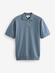 Blue Knitted Regular Fit Zip Polo Shirt - Image 5 of 7