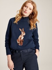 Joules Margot Navy Hare Intarsia Crew Neck Jumper - Image 1 of 6