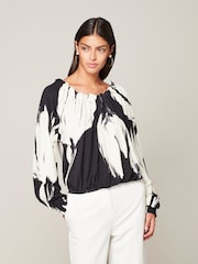 Black/White Floral Print Long Sleeve Tie Back Bubblehem Top - Image 1 of 6