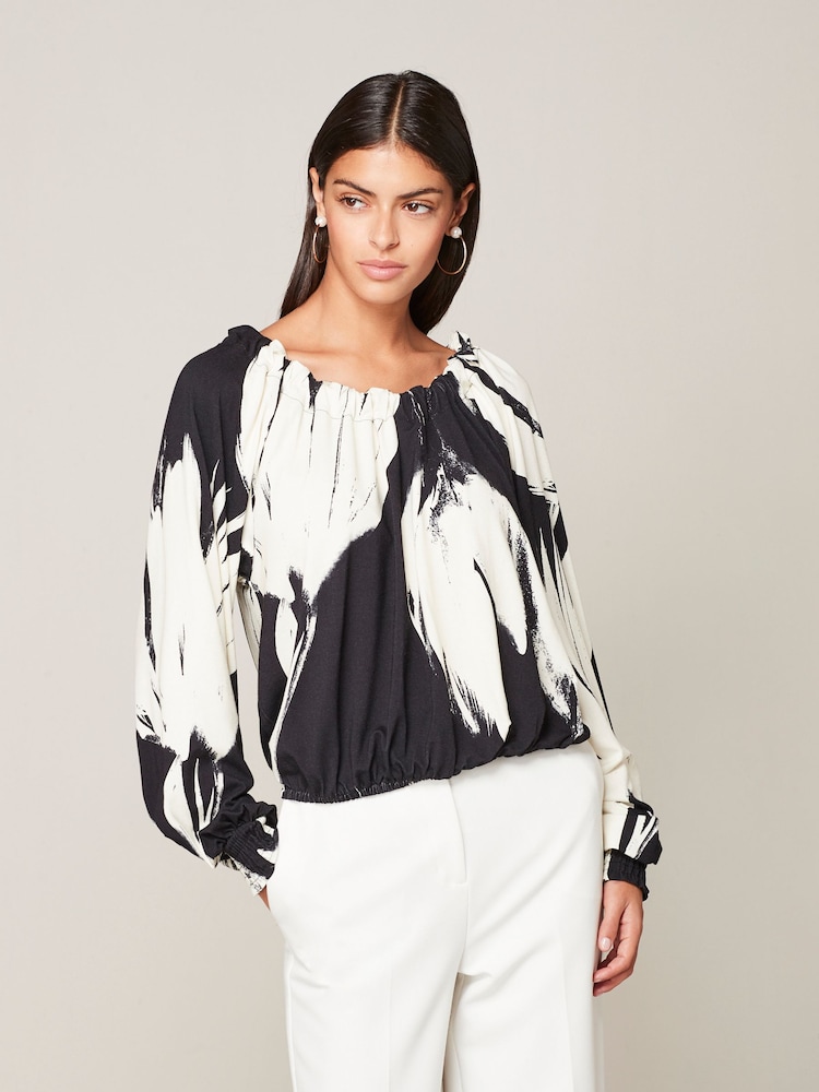 Black/White Floral Print Long Sleeve Tie Back Bubblehem Top - Image 1 of 6