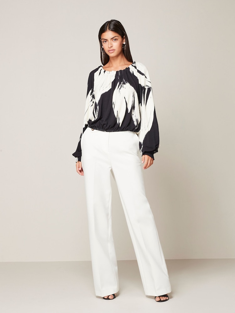 Black/White Floral Print Long Sleeve Tie Back Bubblehem Top - Image 2 of 6