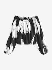 Black/White Floral Print Long Sleeve Tie Back Bubblehem Top - Image 5 of 6
