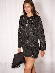 Lipsy Black Sequin Fringe Jacket - Image 1 of 6
