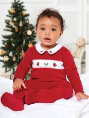 JoJo Maman Bébé Red Smocked Christmas Sleepsuit - Image 1 of 2