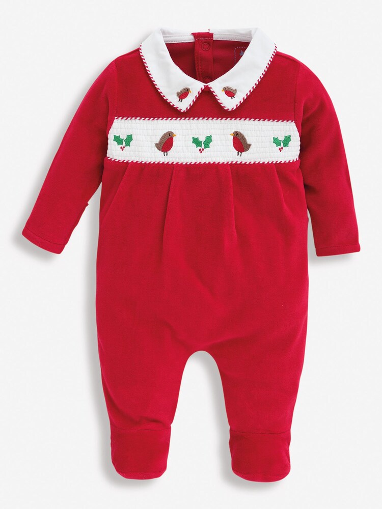 JoJo Maman Bébé Red Smocked Christmas Sleepsuit - Image 2 of 2