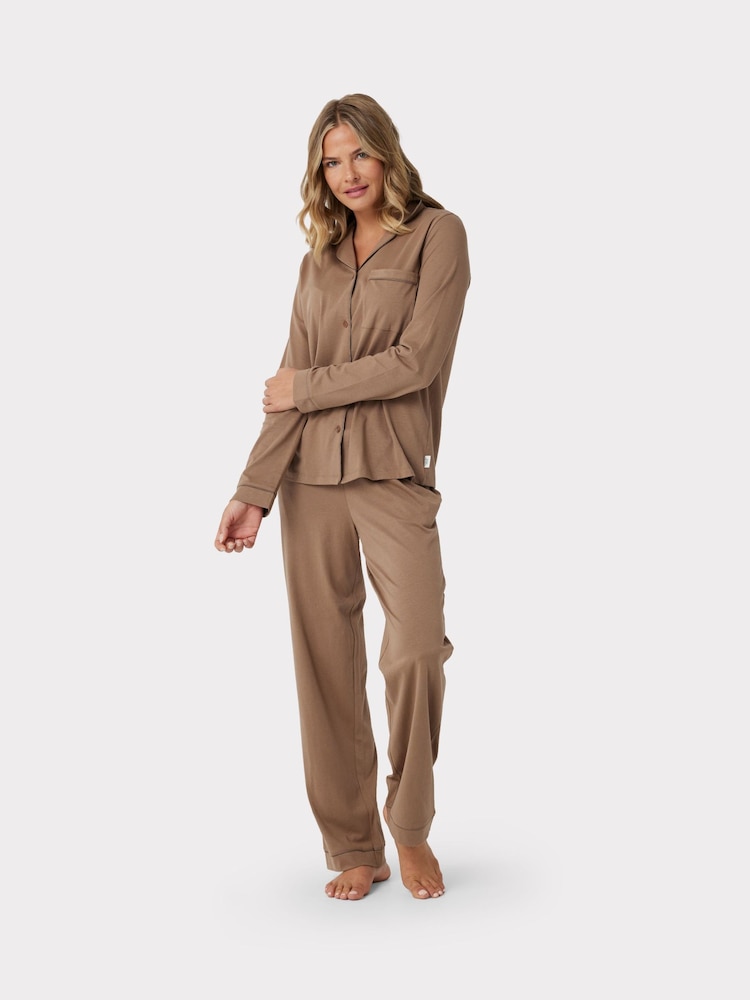 Chelsea Peers Brown Organic Cotton Button Up Pyjama Set - Image 1 of 5