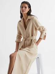 Reiss Neutral Phoenix Premium Linen Blend Midi Dress - Image 1 of 7