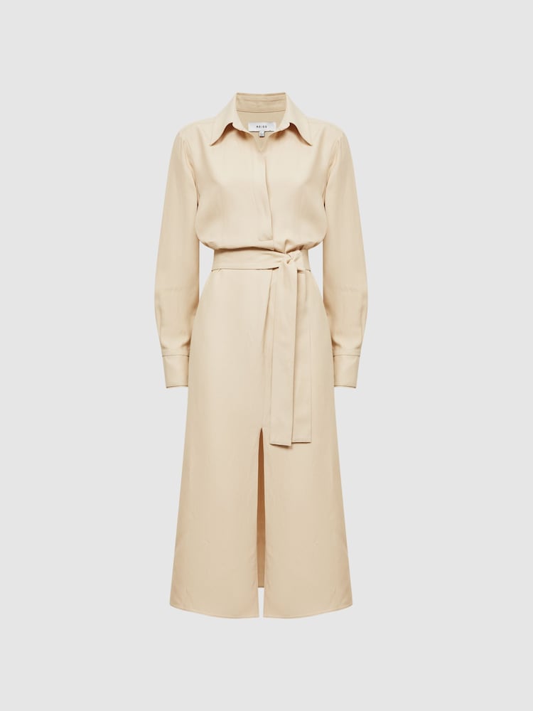 Reiss Neutral Phoenix Premium Linen Blend Midi Dress - Image 2 of 7