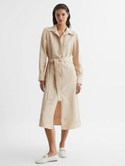 Reiss Neutral Phoenix Premium Linen Blend Midi Dress - Image 3 of 7
