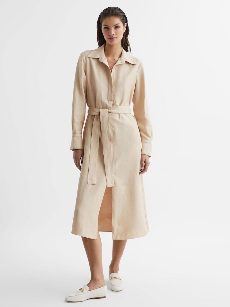 Reiss Neutral Phoenix Premium Linen Blend Midi Dress - Image 3 of 7