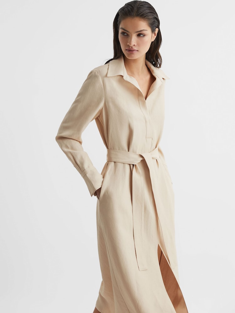 Reiss Neutral Phoenix Premium Linen Blend Midi Dress - Image 7 of 7