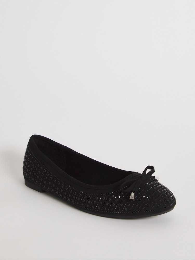 Simply Be Black Standard/Wide Fit Heat Seal Embellished Ballerinas - Image 2 of 3