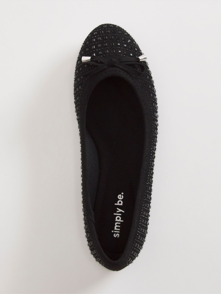 Simply Be Black Standard/Wide Fit Heat Seal Embellished Ballerinas - Image 3 of 3