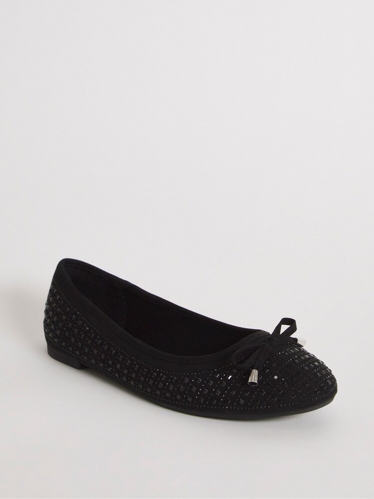 Simply Be Black Extra Wide Fit Heat Seal Embellished Ballerinas - Image 2 of 7
