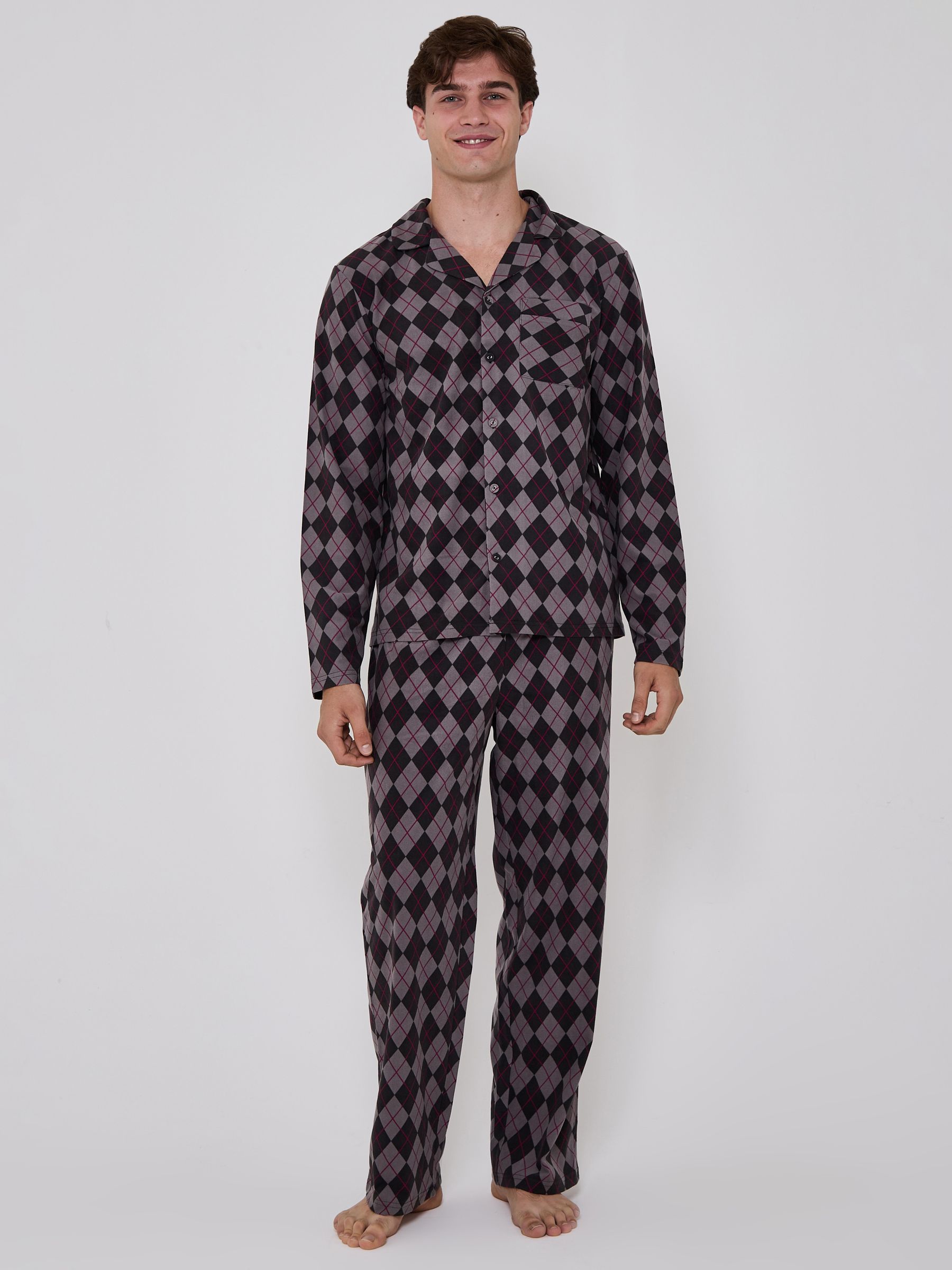 Loungeable Men's Grey Button Through Jersey Microfleece Long Top And Trousers Pyjama Set
