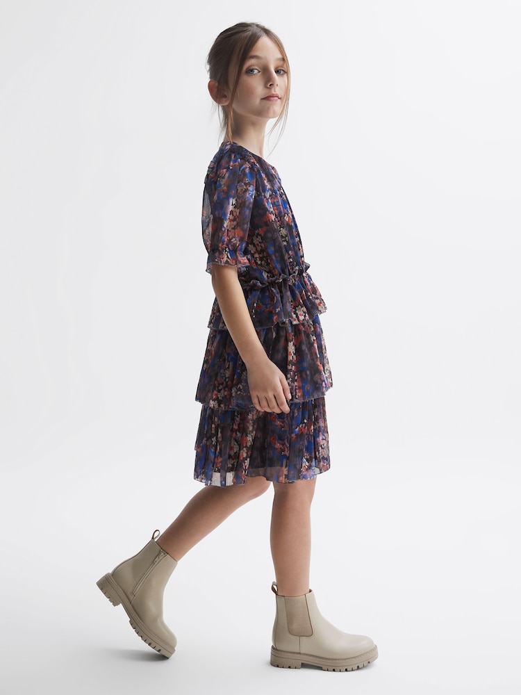 Reiss Navy Print Henrietta 9-12 yrs Printed Tiered Dress - Image 1 of 7