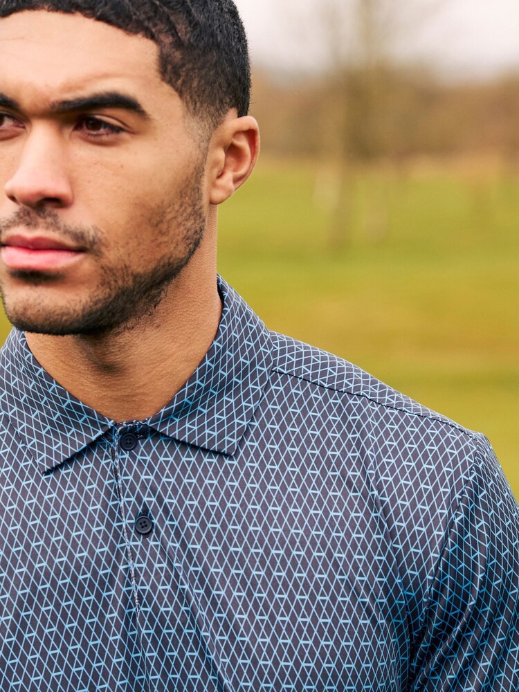 Navy Blue Print Golf Polo Shirt - Image 1 of 13 Navy Blue Print Golf Polo Shirt - Image 1 of 13