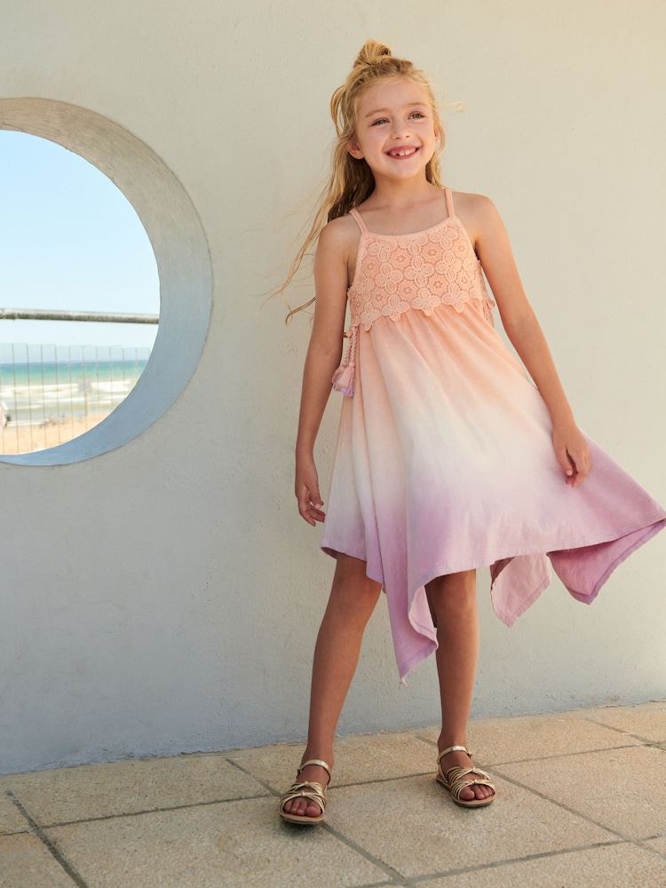 Orange/ Lilac Purple Ombre Crochet Jersey Dress (3-16yrs) - Image 2 of 10 Orange/ Lilac Purple Ombre Crochet Jersey Dress (3-16yrs) - Image 2 of 10