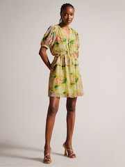 Ted Baker Yellow Isabella Mini Dress With Puff Sleeves - Image 1 of 6