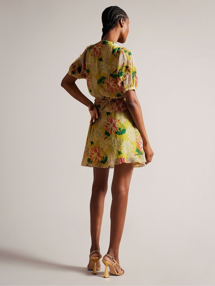 Ted Baker Yellow Isabella Mini Dress With Puff Sleeves - Image 2 of 6