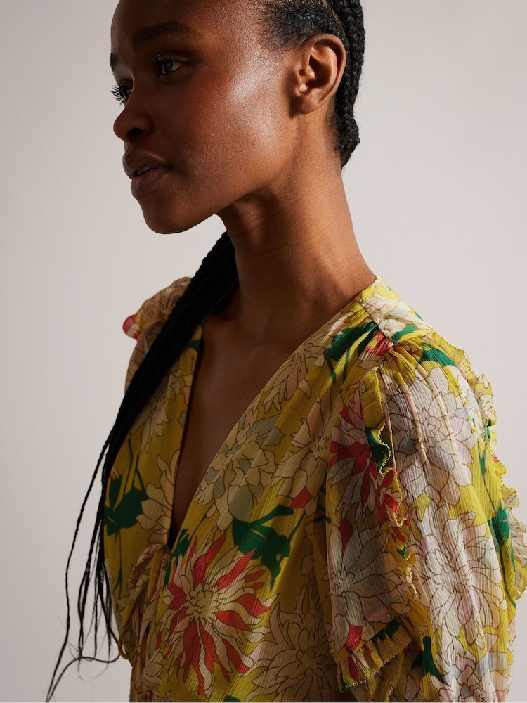 Ted Baker Yellow Isabella Mini Dress With Puff Sleeves - Image 4 of 6
