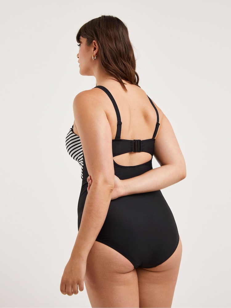 Figleaves Stripe Tailor Twist Underwired Bandeau Tummy Control Black Swimsuit- Longer Length - Image 2 of 4