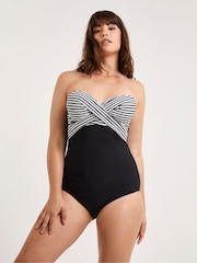 Figleaves Stripe Tailor Twist Underwired Bandeau Tummy Control Black Swimsuit- Longer Length - Image 3 of 4