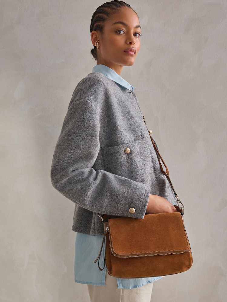Tan Brown Suede Cross-Body Bag - Image 1 of 9